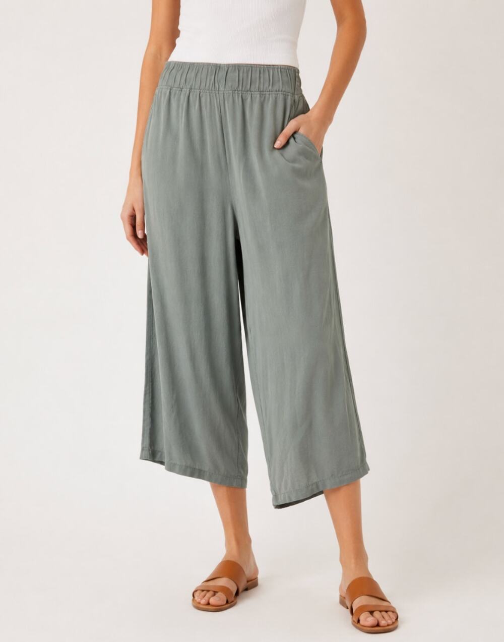 SoundStyle Womens Small Sage Green Wide Leg Cropped Pants Elastic Waist Pull On